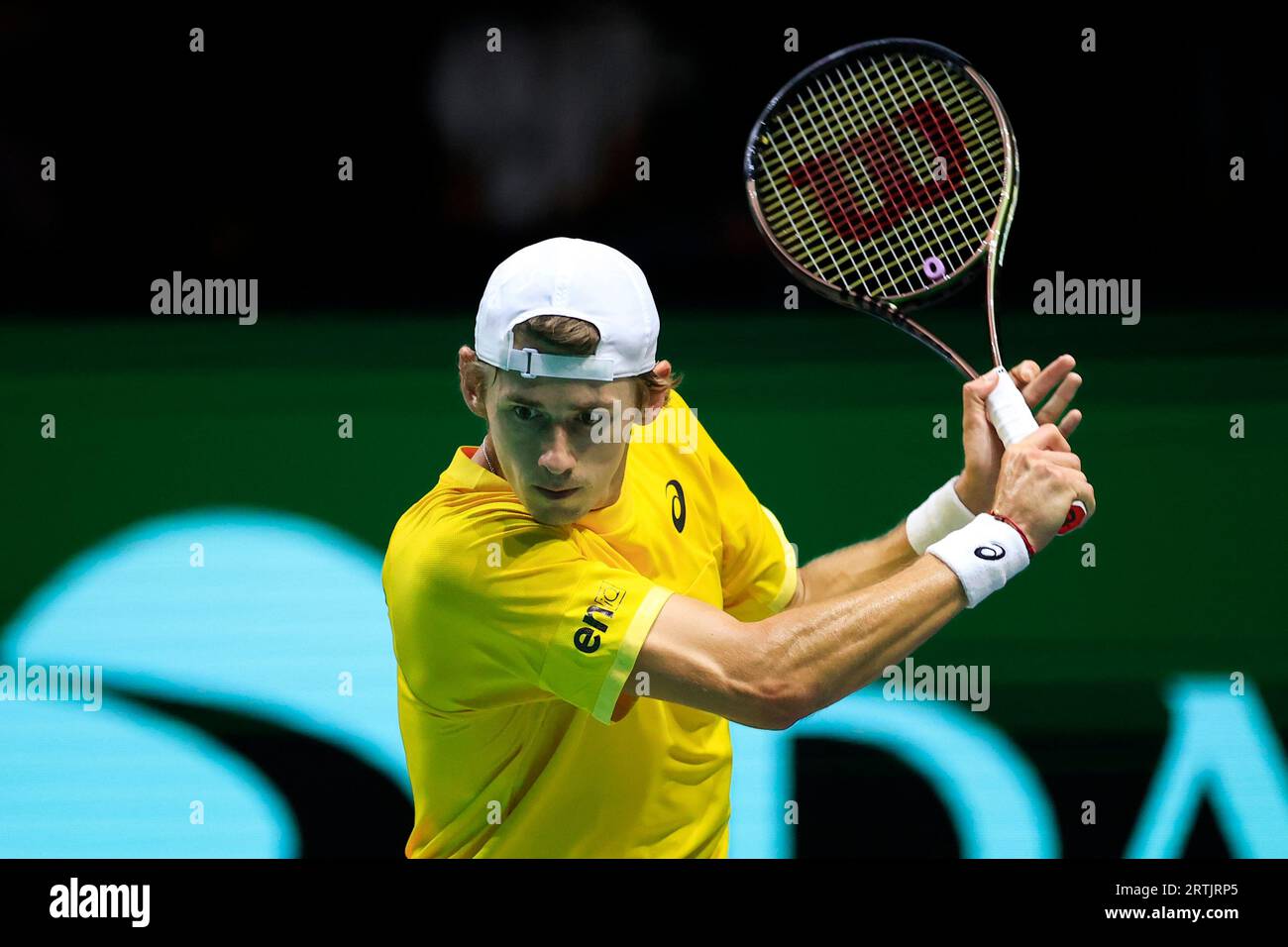 Manchester, Royaume-Uni. 13 septembre 2023. Alex de Minaur (AUS) en action lors du match de coupe Davis Grande-Bretagne vs Australie à Manchester AO Arena, Manchester, Royaume-Uni, le 13 septembre 2023 (photo de Conor Molloy/News Images) à Manchester, Royaume-Uni le 9/13/2023. (Photo de Conor Molloy/News Images/Sipa USA) crédit : SIPA USA/Alamy Live News Banque D'Images