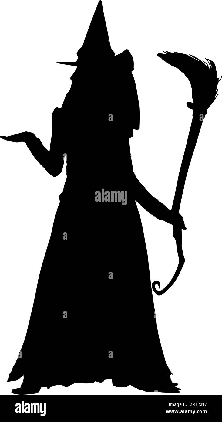 Sorcière d'Halloween avec silhouette de bâton magique icône de sorcellerie dessin animé Illustration de Vecteur