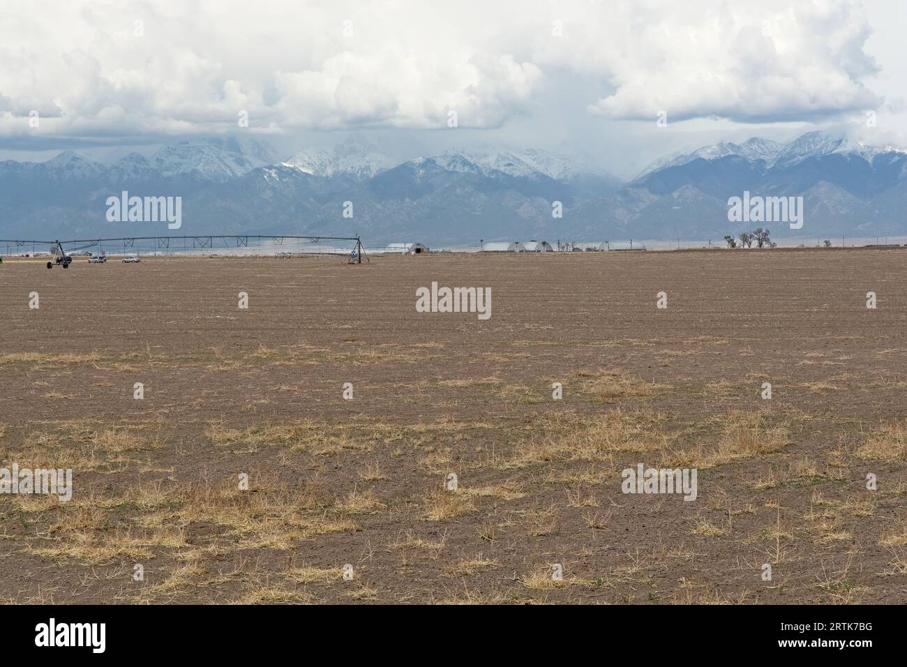 Agriculture dans le bassin de Tularosa avec les montagnes enneigées lointaines de Sangre de Cristo au printemps Banque D'Images