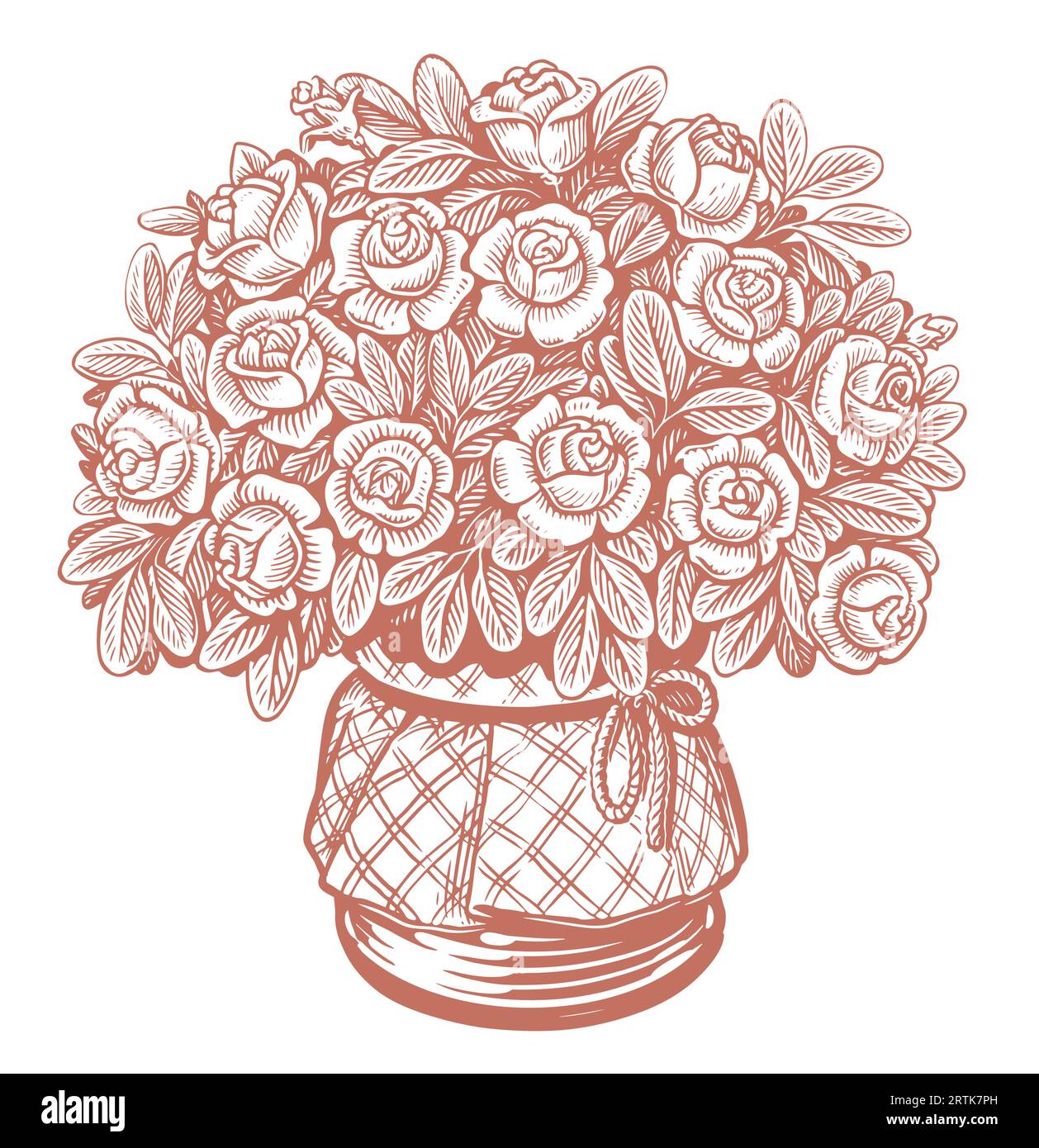 Roses avec des feuilles dans un pot. Bouquet de fleurs dans le style de gravure vintage. Illustration vectorielle d'esquisse Illustration de Vecteur