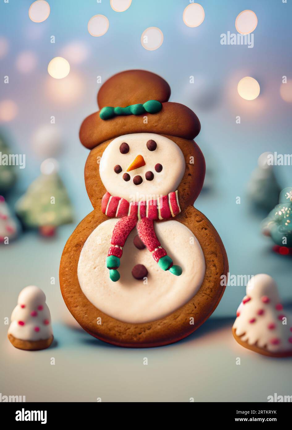 Biscuit en pain d'épice en forme de bonhomme de neige, pour les célébrations de Noël, fond givré avec des lumières Banque D'Images