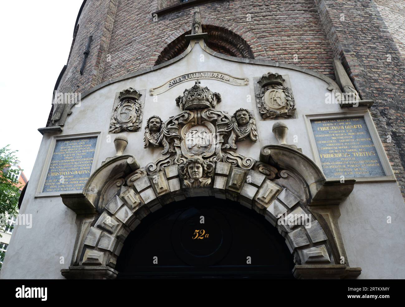 Détails sur l'entrée de la tour ronde tour du 17e siècle construite comme observatoire astronomique. Købmagergad, Copenhague, Danemark. Banque D'Images