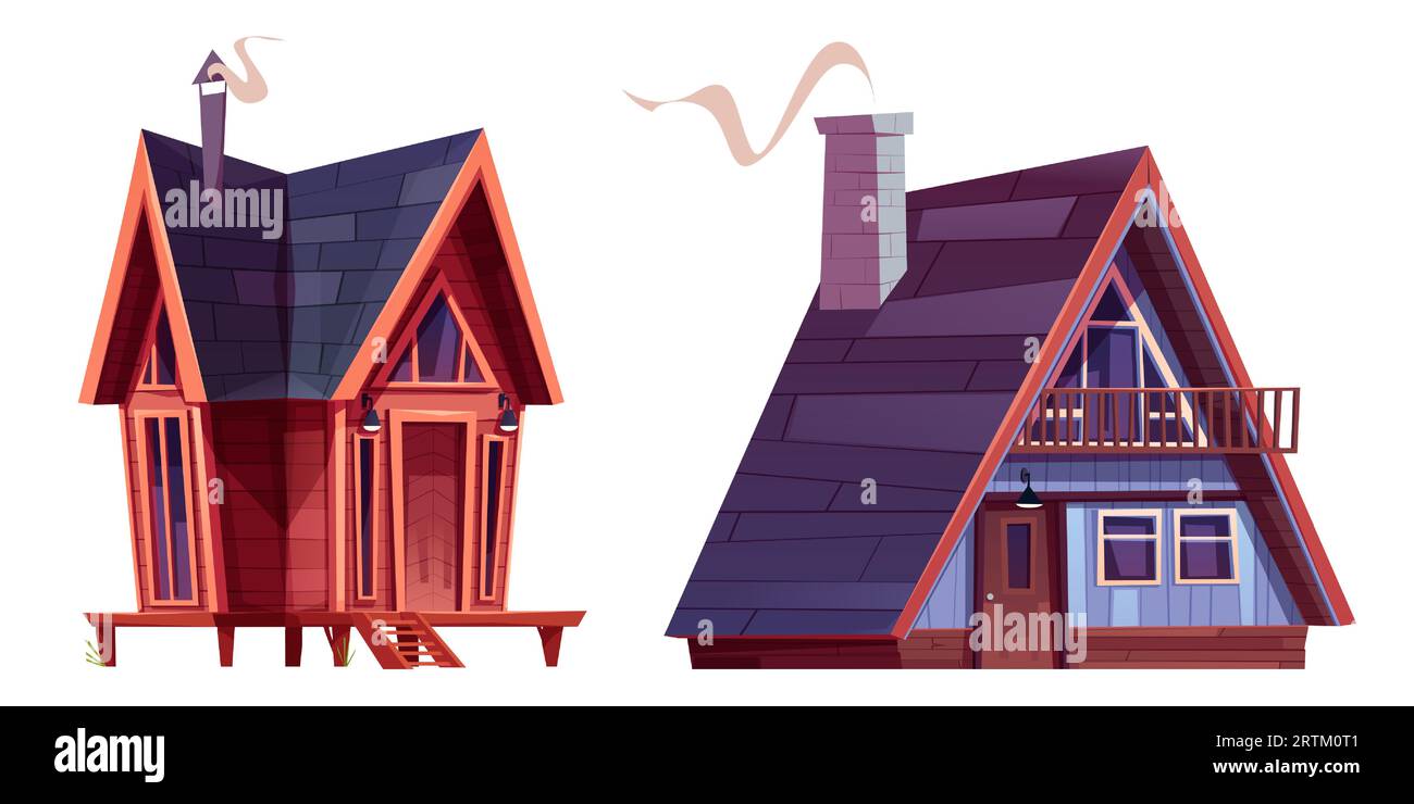 Cabine en bois avec portes, fenêtres et cheminée. Ensemble d'illustration vectorielle de dessin animé de bois petite maison et cabane. Cabane forestière ou chalet de montagne. Bâtiment rural pour vacances d'hiver ou d'été à la campagne. Illustration de Vecteur