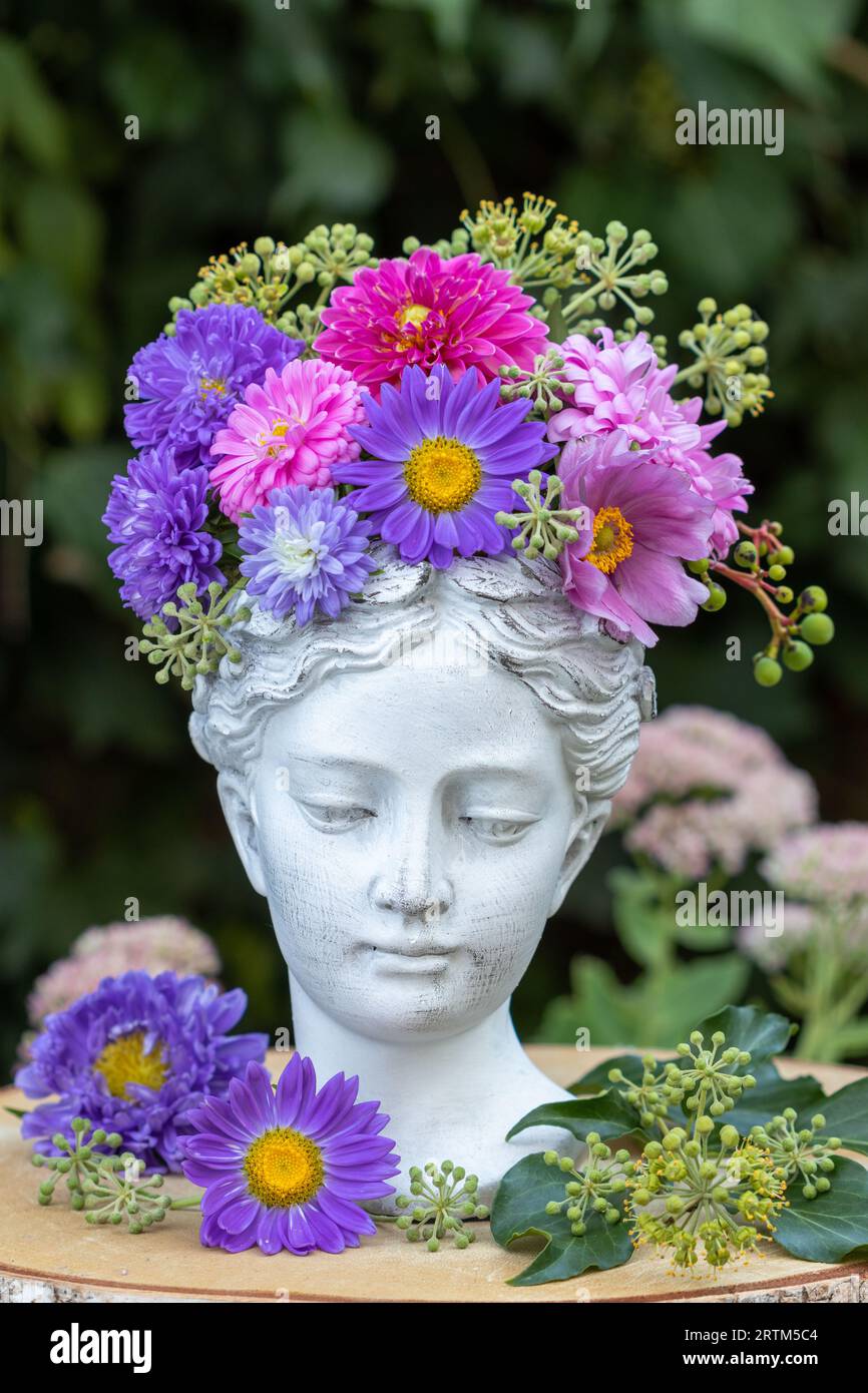 arrangement floral avec buste de femme et asters roses et violets Banque D'Images