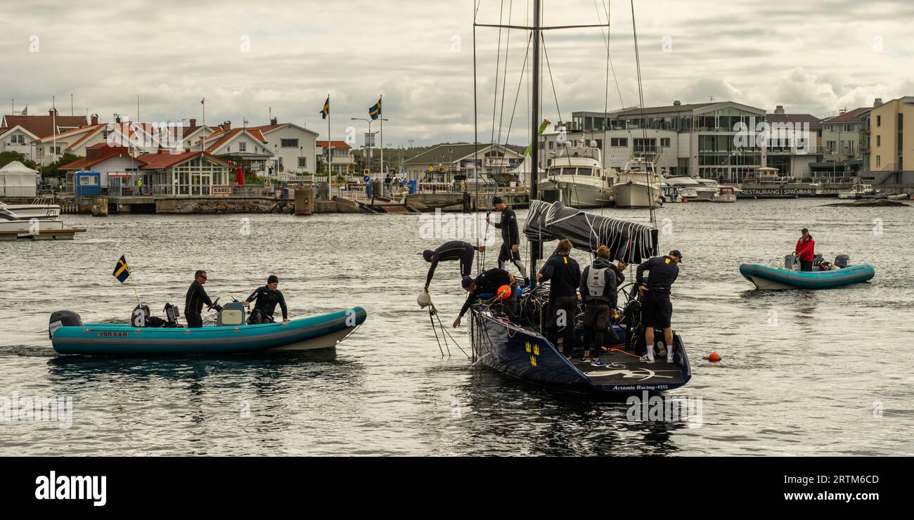 Reportage photo de la coupe RC44 à Marstrand en Suède avec action à bord. Banque D'Images