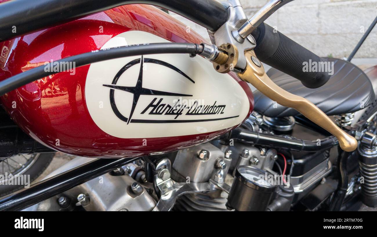 Bordeaux , France - 09 04 2023 : harley davidson logo peinture texte et signe de marque sur essence blanc réservoir rouge carburant US american Custom vintage moto Banque D'Images