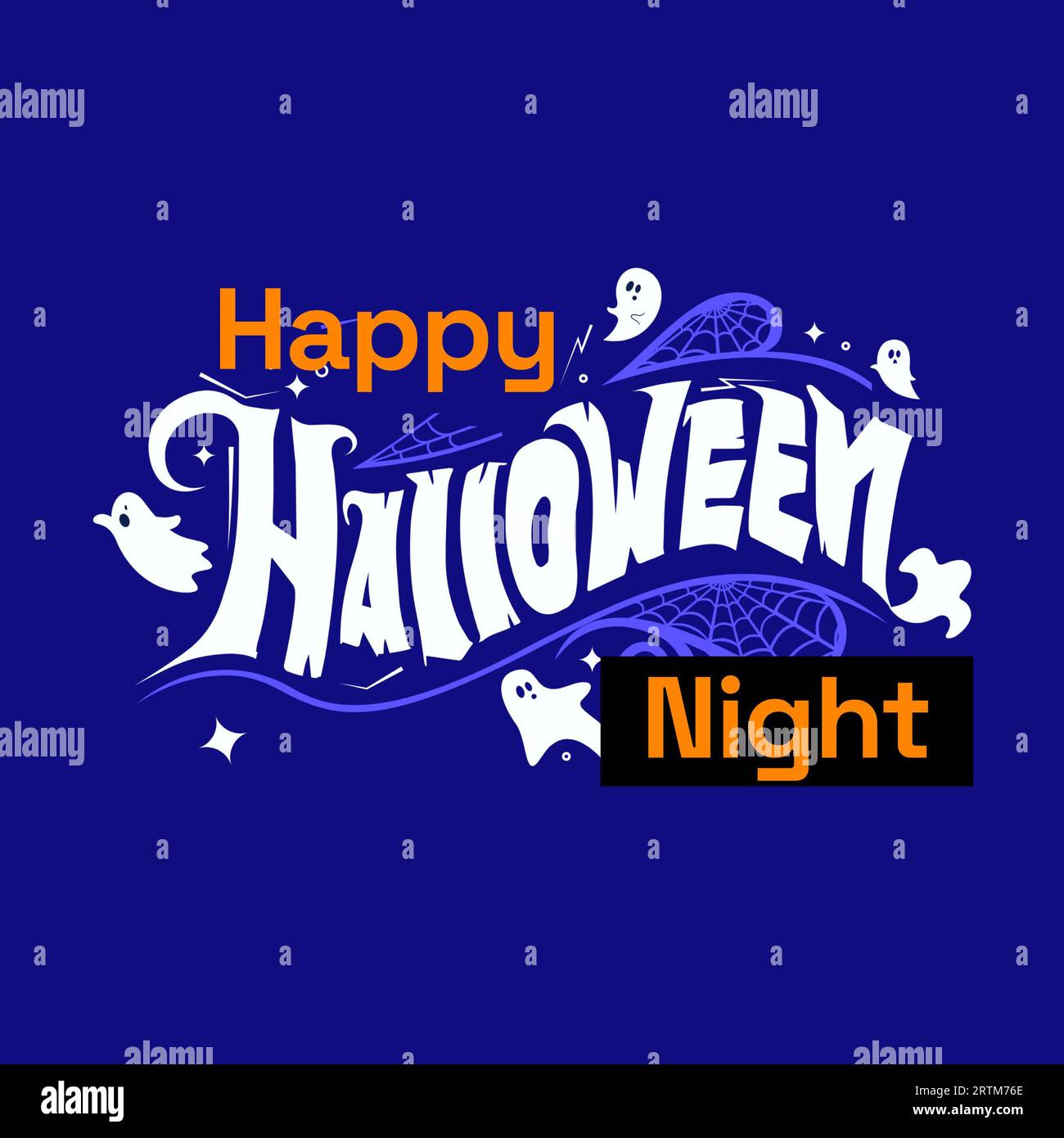 Joyeux texte de nuit d'halloween sur bleu avec des fantômes et des toiles d'araignée Banque D'Images