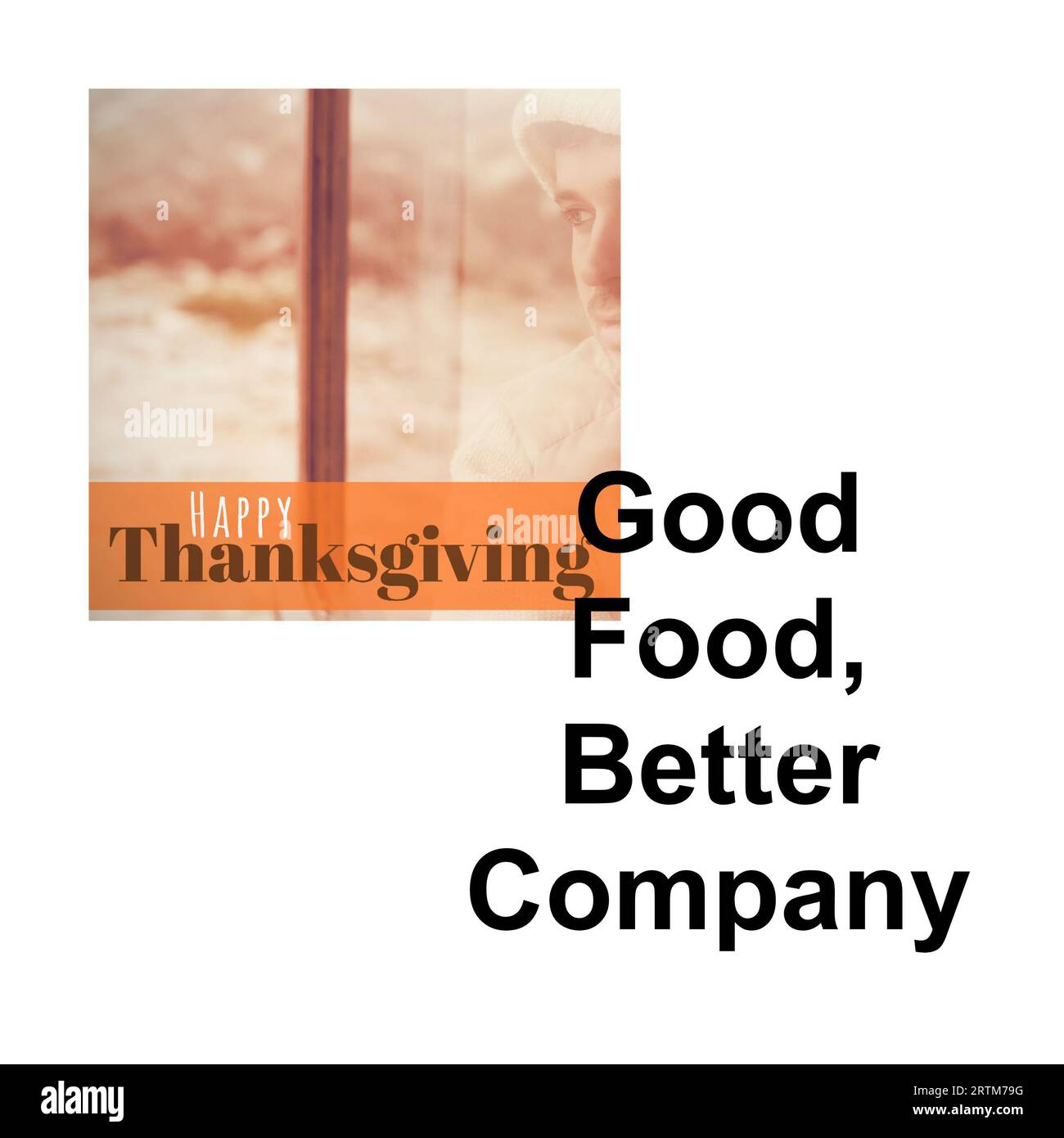 Joyeux Thanksgiving, bonne nourriture, meilleur texte d'entreprise avec homme caucasien par fenêtre Banque D'Images