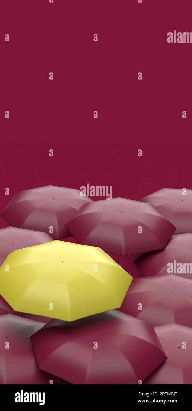 Vertical, parapluie jaune unique parmi beaucoup. Se démarquer de la foule. Concept individuel d'entreprise diversifié. Idées innovantes, créatives, nouvelles Banque D'Images Vertical, parapluie jaune unique parmi beaucoup. Se démarquer de la foule. Concept individuel d'entreprise diversifié. Idées innovantes, créatives, nouvelles Banque D'Images