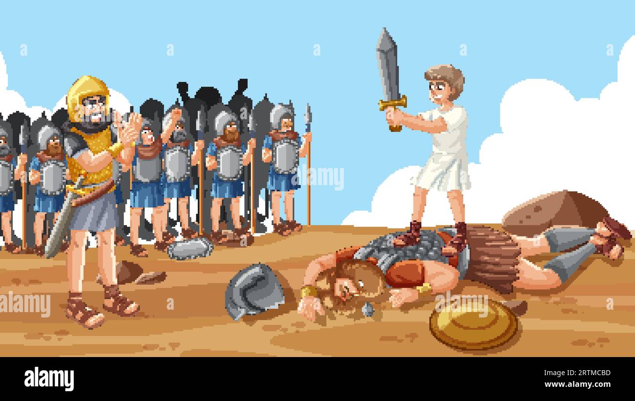 La courageuse victoire de David sur Goliath à l'aide d'une pierre et d'une épée Illustration de Vecteur