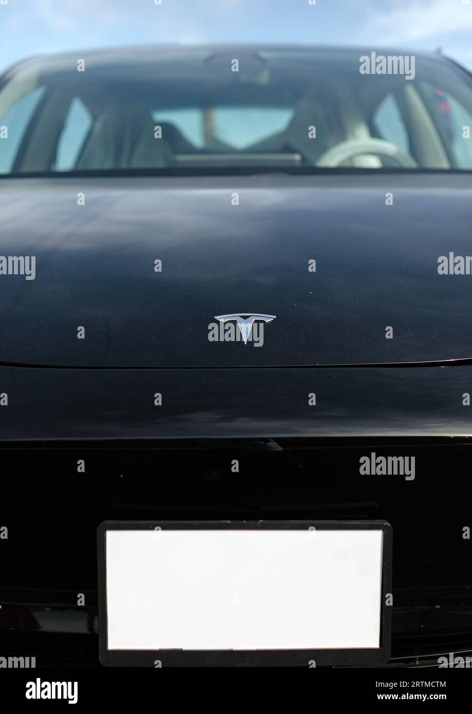 L'épiscopal avant d'une voiture avec le logo emblématique Tesla affiché en évidence sur le pare-chocs. Banque D'Images