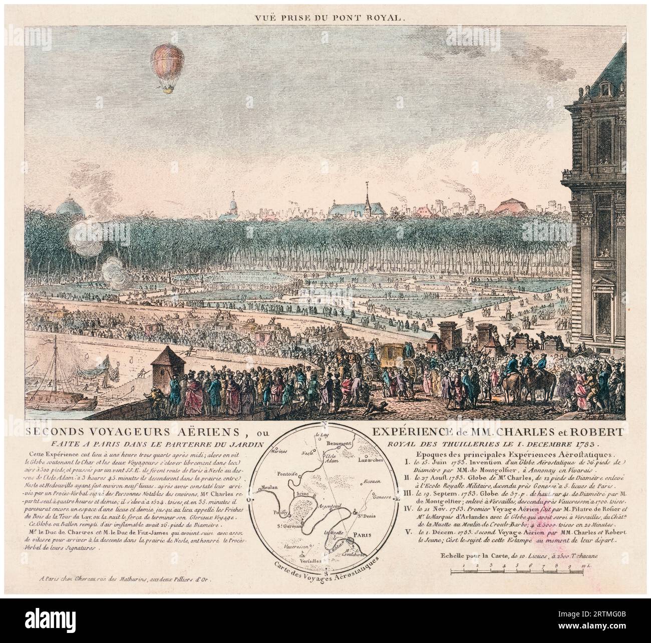 Le ballon à hydrogène de Jacques Charles et Marie-Noël Robert remontant du jardin des Tuileries, Paris, France le 1 décembre 1783 dans le premier vol habité en ballon à hydrogène, gravure colorée à la main par Benoît Louis Prévost, 1783 Banque D'Images