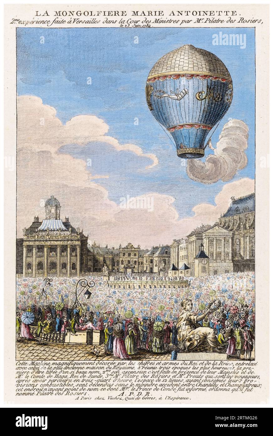 La montgolfière Marie-Antoinette lancée à Versailles devant le roi Louis XVI et le roi Gustave III de Suède, pilotée par Jean-François Pilâtre de Rozier et le chimiste français Joseph Louis Proust le 23 juin 1784, gravure colorée à la main par Nicolas François Levachez, 1784-1789 Banque D'Images
