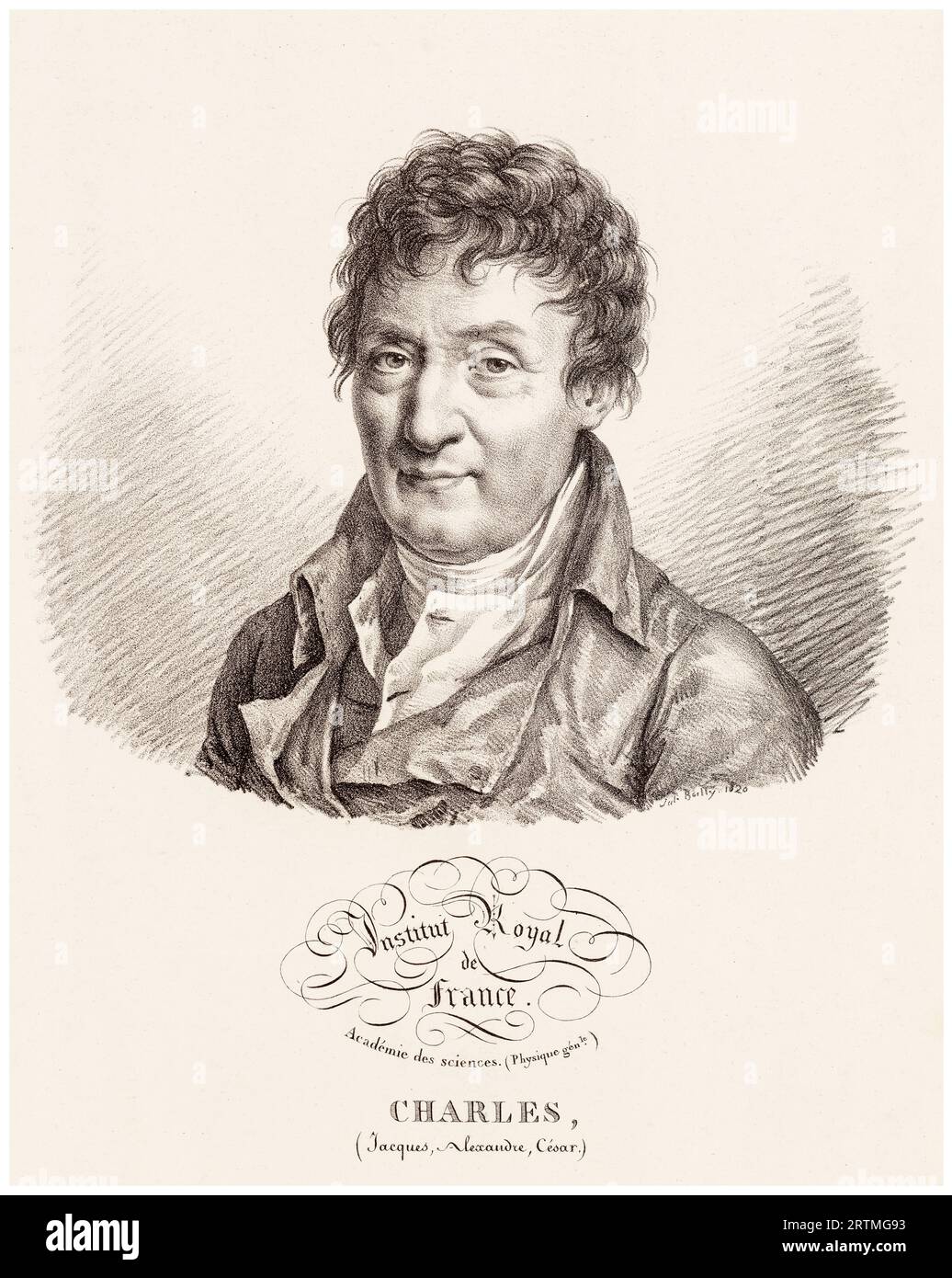 Jacques Charles, Portrait, du, Français, pionnier du ballon à hydrogène, Jacques Alexandre César Charles, (1746-1823), gravure de Julien-Léopold Boilly, 1820 Banque D'Images