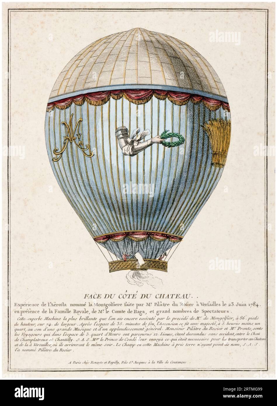 Montgolfière Marie Antoinette utilisée par Jean-François Pilâtre de Rozier (1754-1785) à Versailles le 23 juin 1784, gravure colorée à la main, 1784-1789 Banque D'Images