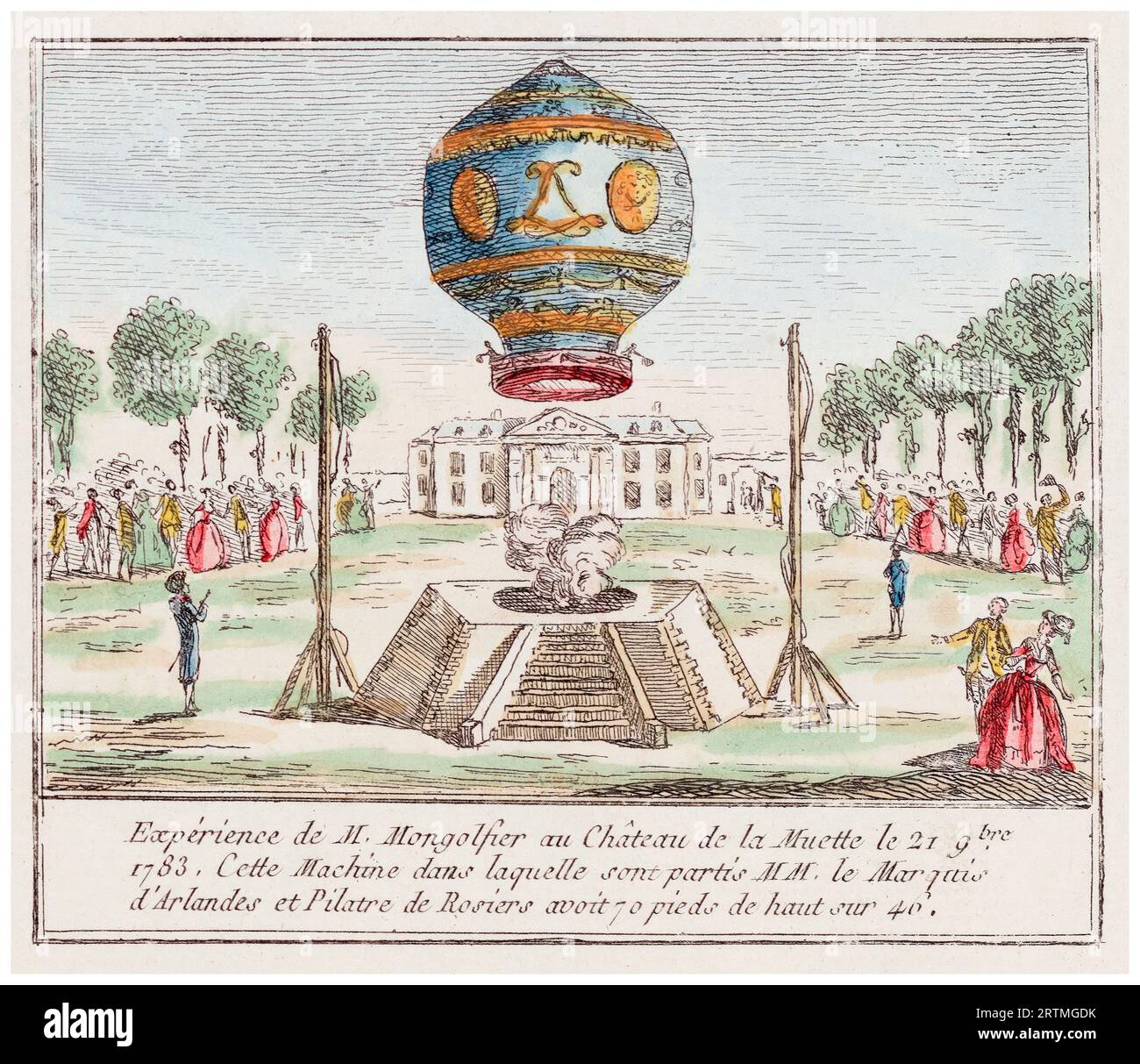 Jean-François Pilâtre de Rozier et le marquis d'Arlandes effectuent le premier vol habité sans attache en montgolfière Montgolfier le 21 novembre 1783 devant le roi Louis XVI depuis le jardin du Château de la Muette. Gravure colorée à la main, 1783 Banque D'Images