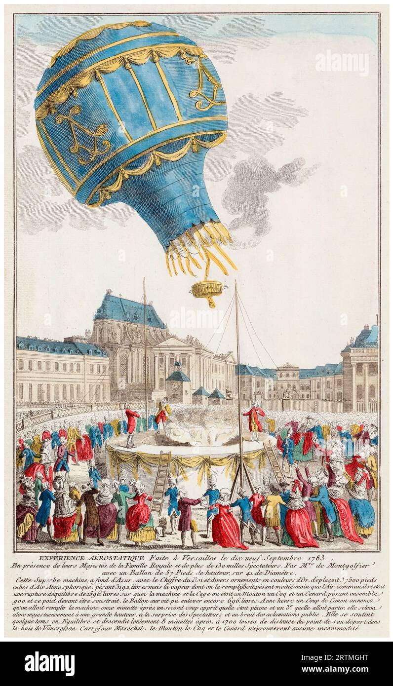 Le 19 septembre 1783, les frères Montgolfier lancent une montgolfière transportant des animaux du château de Versailles devant Louis XVI et la famille royale, gravure colorée à la main, 1783 Banque D'Images