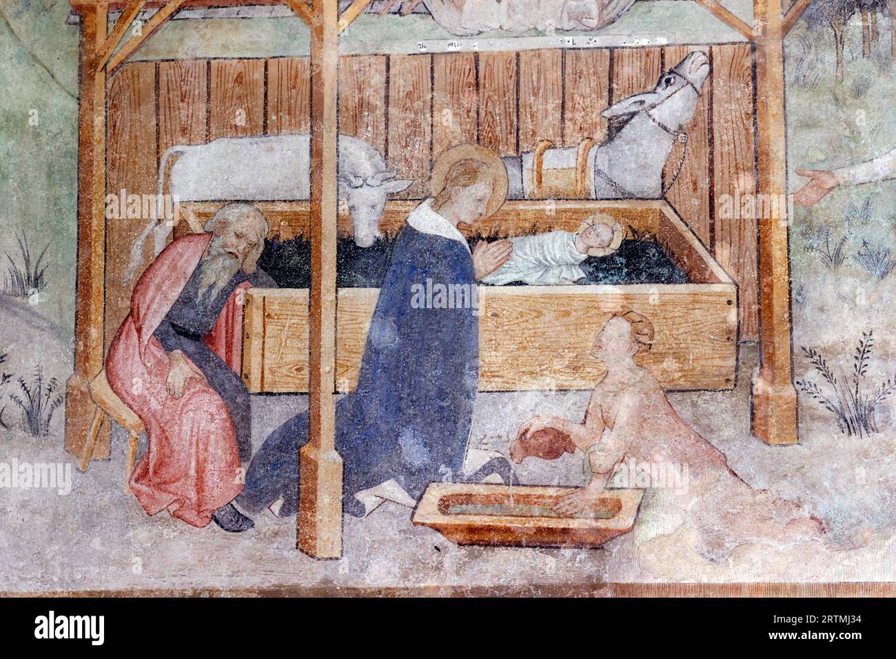 Scène de la Nativité. La Sainte famille. Abbaye d'Abbonne. France. Banque D'Images