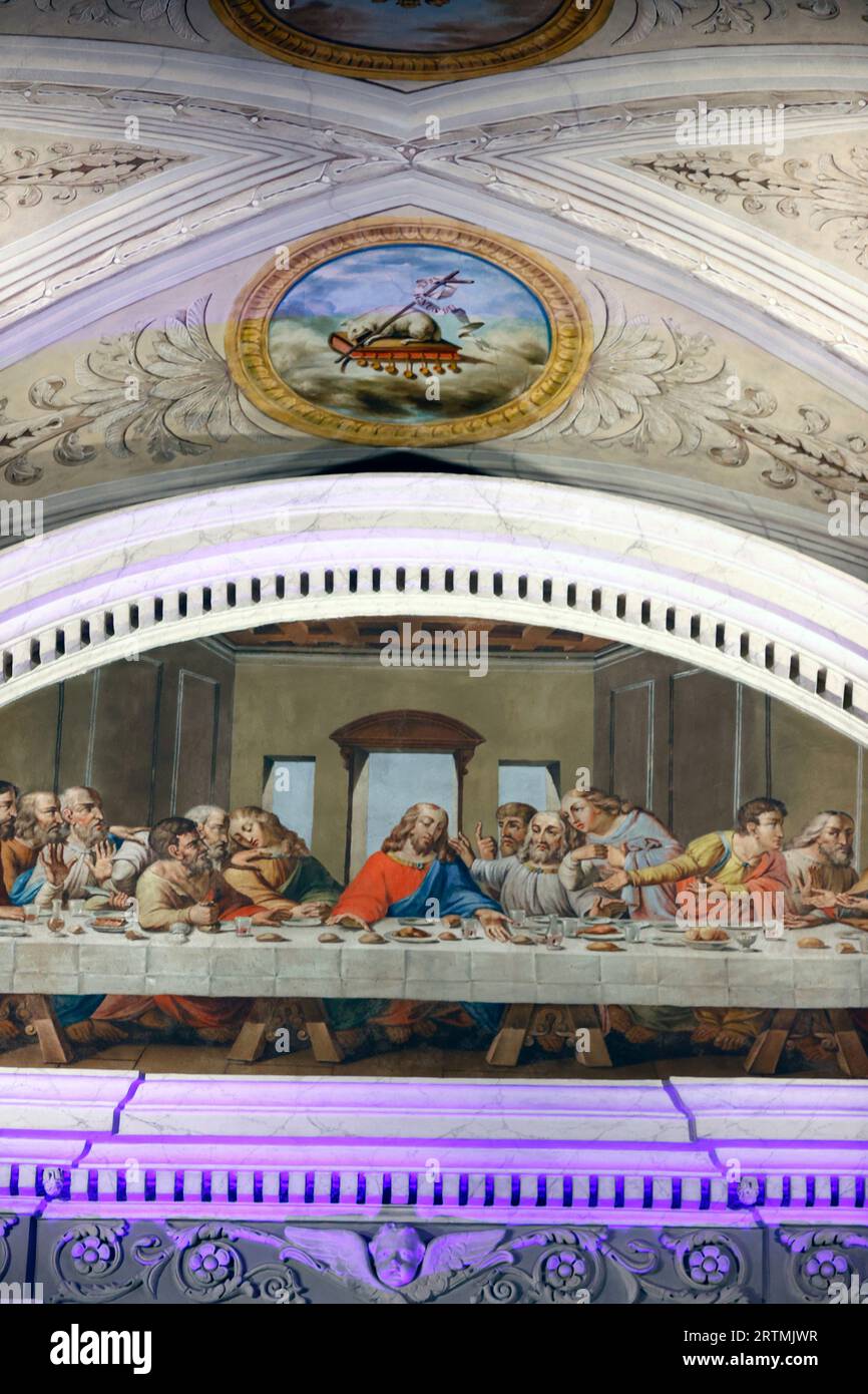 Église Saint-Jacques. Passion du Christ. Le dernier souper. Jésus et ses apôtres. Peinture. Sallanches. France. Banque D'Images