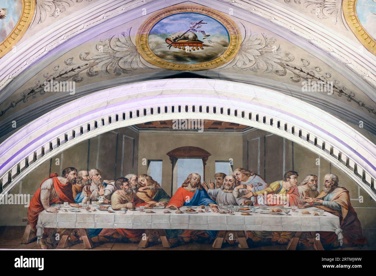 Église Saint-Jacques. Passion du Christ. Le dernier souper. Jésus et ses apôtres. Peinture. Sallanches. France. Banque D'Images