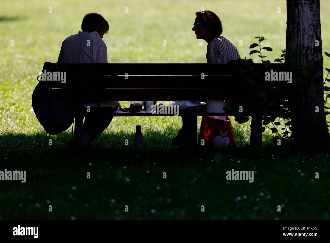 Silhouette de deux amis mangeant leur déjeuner sur un banc public en bois dans un parc. Les Contamines. France. Banque D'Images