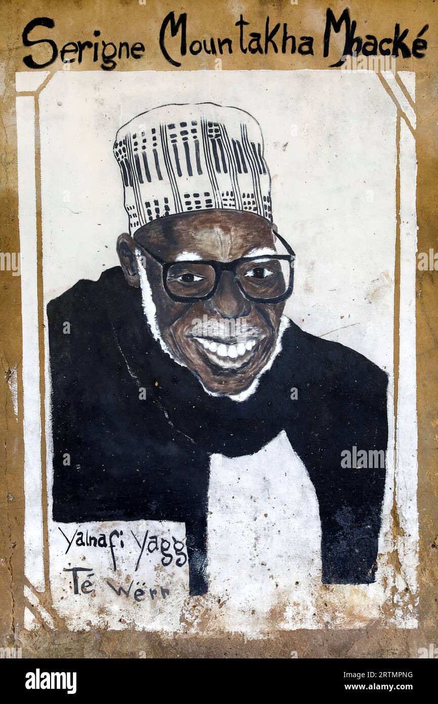 Peinture murale représentant un chef spirituel musulman à Fatick, Sénégal Banque D'Images