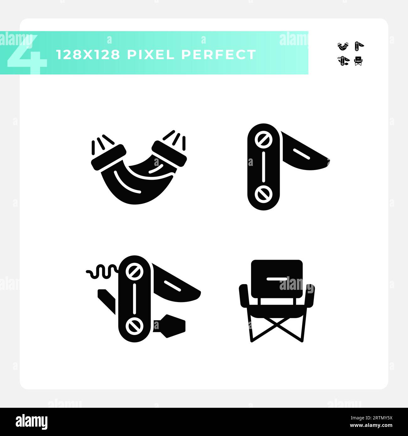 Ensemble d'icônes de style glyphe d'équipement de randonnée Pixel Perfect Illustration de Vecteur