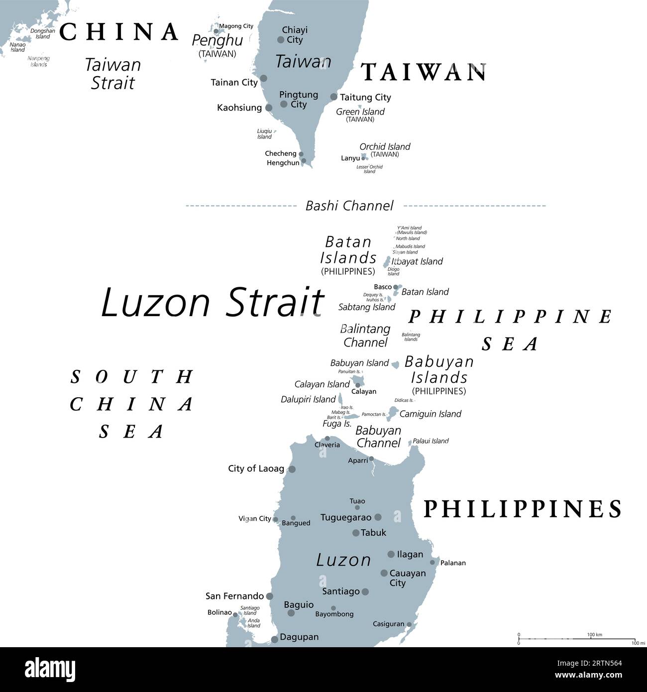 Détroit de Luzon, carte politique grise. Détroit entre Luzon et Taiwan, reliant la mer des Philippines à la mer de Chine méridionale dans l'océan Pacifique occidental. Banque D'Images