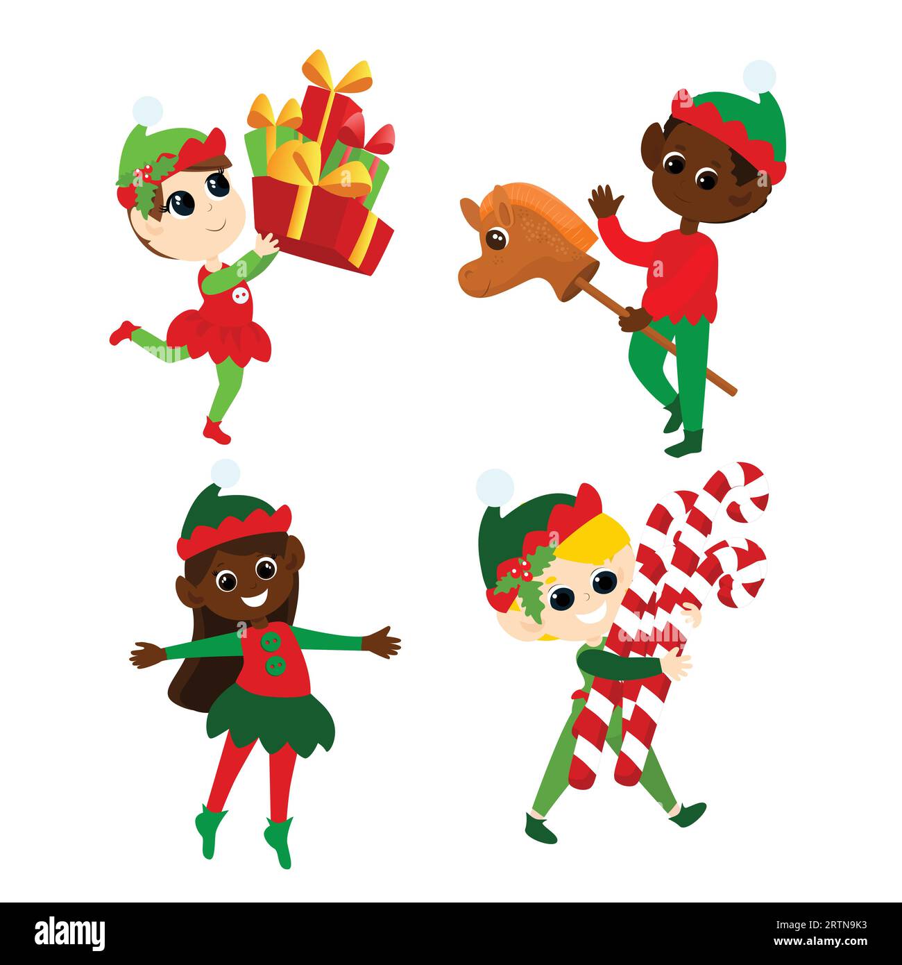 Mettez les elfes de Noël. Garçons et filles multiculturels en costumes traditionnels d'elfe. Ils dansent, sourient, apportent des cadeaux, portent des sucettes. Illustration de Vecteur