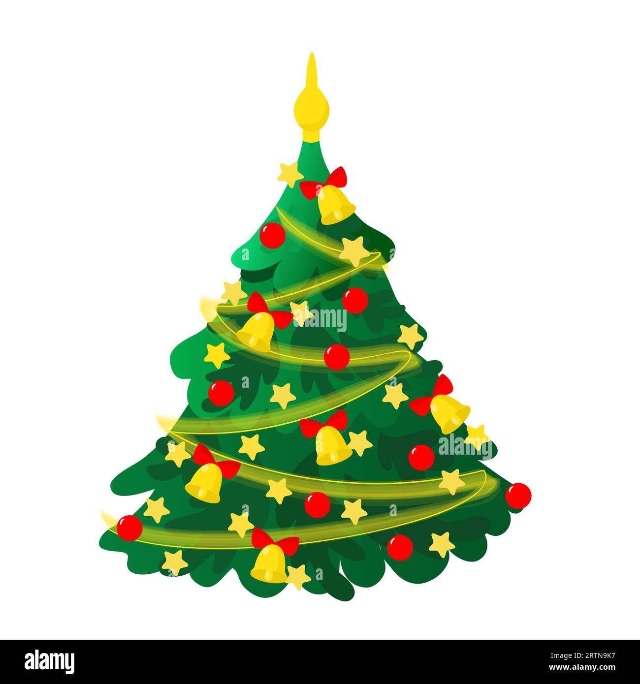 Arbre de Noël décoré avec des jouets et des boules et des étoiles et guirlande dans le style de bande dessinée. Illustration festive isolée sur fond blanc. Illustration de Vecteur