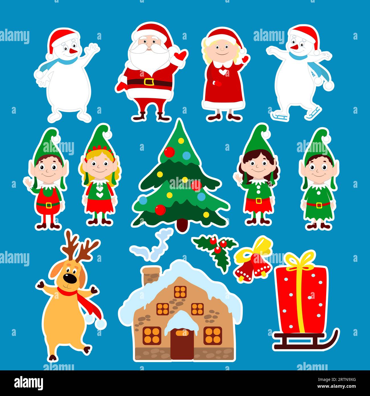 Set de stickers de Noël Père Noël, Mme Père Noël, bonhommes de neige, elfes, cerfs, maison, arbre, cloches. Illustration festive vectorielle dans le style de bande dessinée. Illustration de Vecteur
