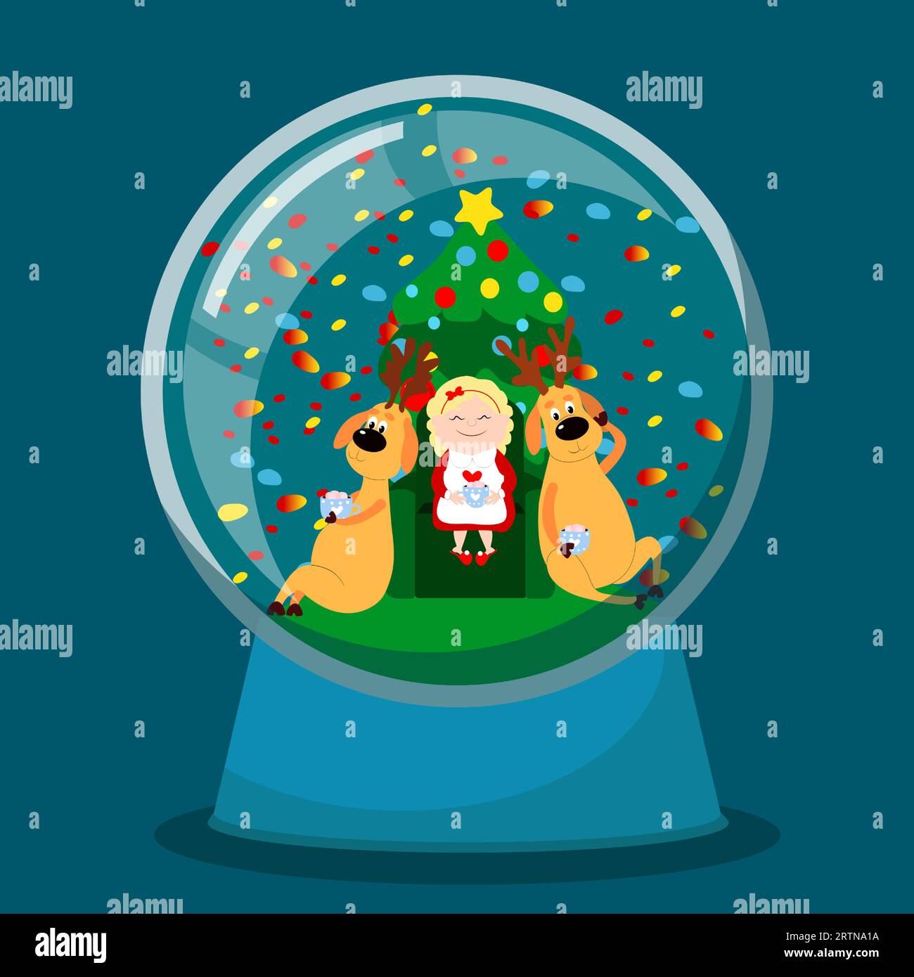Dans une boule à neige en verre, Mme Santa avec des cerfs boit du chocolat chaud avec des guimauves dans une maison. Mère Noël est assise sur une chaise. Illustration de Vecteur