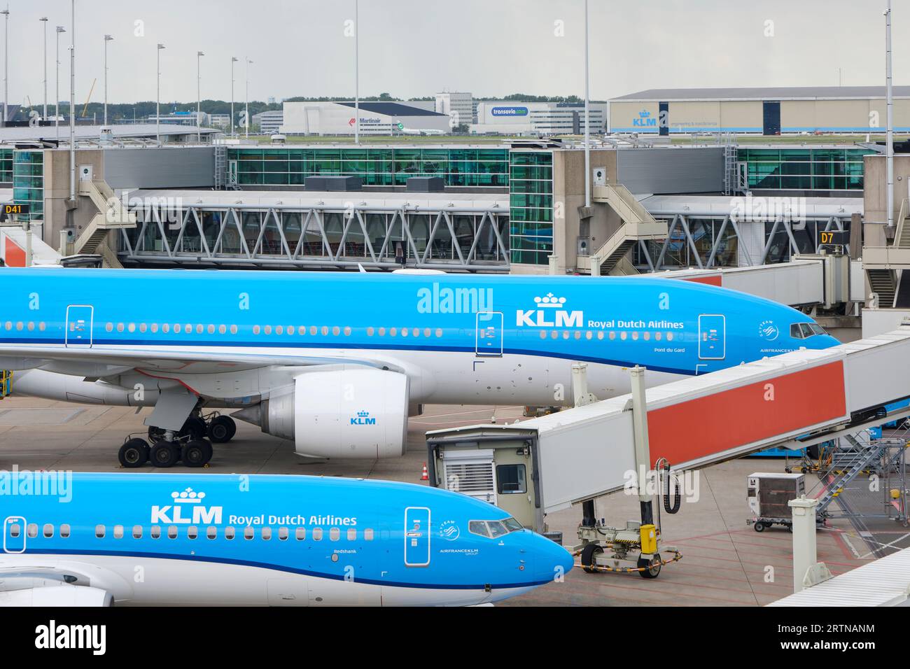 Deux avions KLM bleus stationnés à l'aéroport de Schiphol aux pays-Bas. Un Boeing 777-200 ER et un Boeing 737-800 portant les noms Pont du Gard et Redshank. Banque D'Images