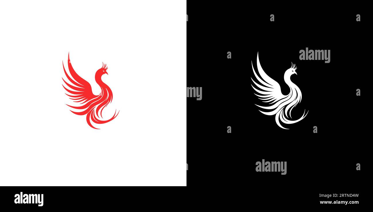 Modèle de conception abstrait de logo phoenix rouge et blanc sur fond noir et blanc. Logo Illustration vectorielle. Illustration de Vecteur