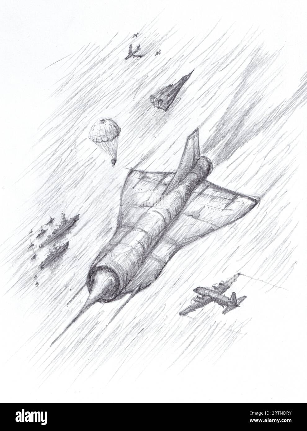 Statoréacteur de drone Lockheed D21 volant au-dessus de la mer avec l'équipe d'opération en 1969 esquissant au crayon. Banque D'Images