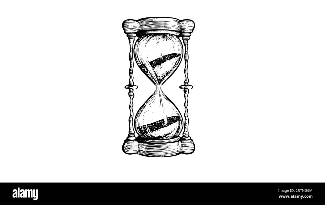 Illustration vectorielle de gravure sur verre de montre de sable. Sablier dessin à la main style vintage. Minuterie antique. Esquisse à l'encre isolée sur fond blanc. Illustration de Vecteur