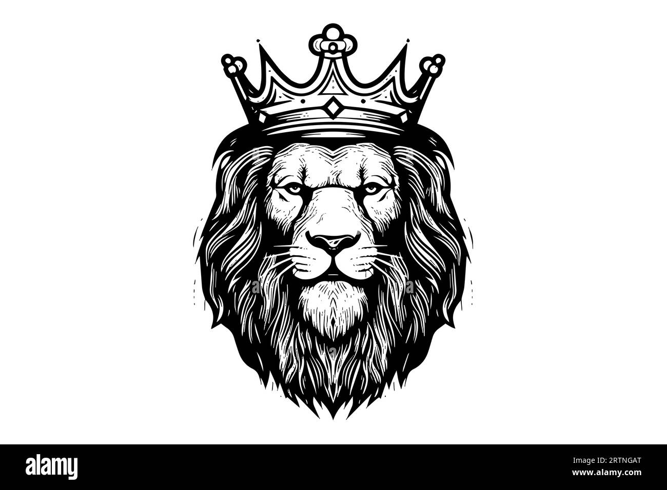 La tête de lion en couronne dessine à la main vintage gravure en noir et blanc illustration vectorielle sur fond blanc. Illustration de Vecteur