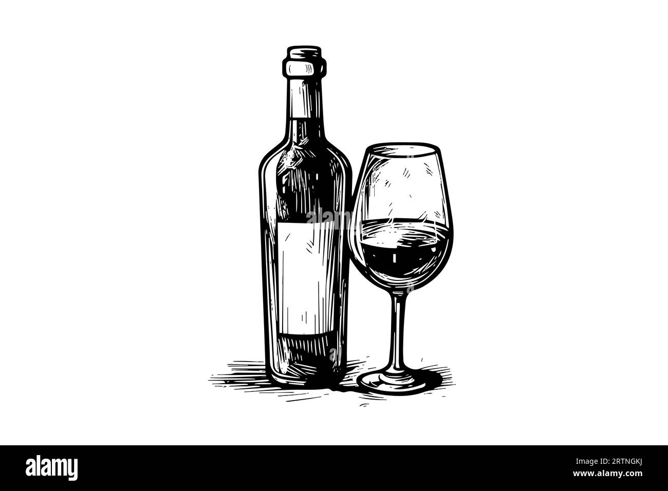 Bouteille de vin et verre. Illustrations vectorielles de style croquis de gravure dessinées à la main. Illustration de Vecteur