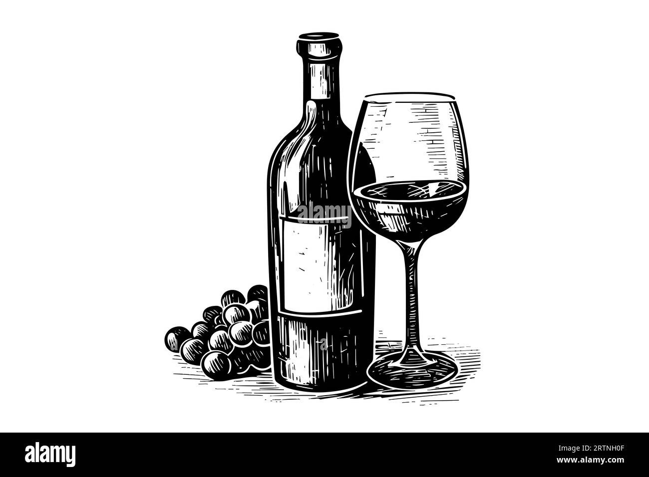 Bouteille de vin et verre de vin et raisins. Illustrations vectorielles de style croquis de gravure dessinées à la main. Illustration de Vecteur