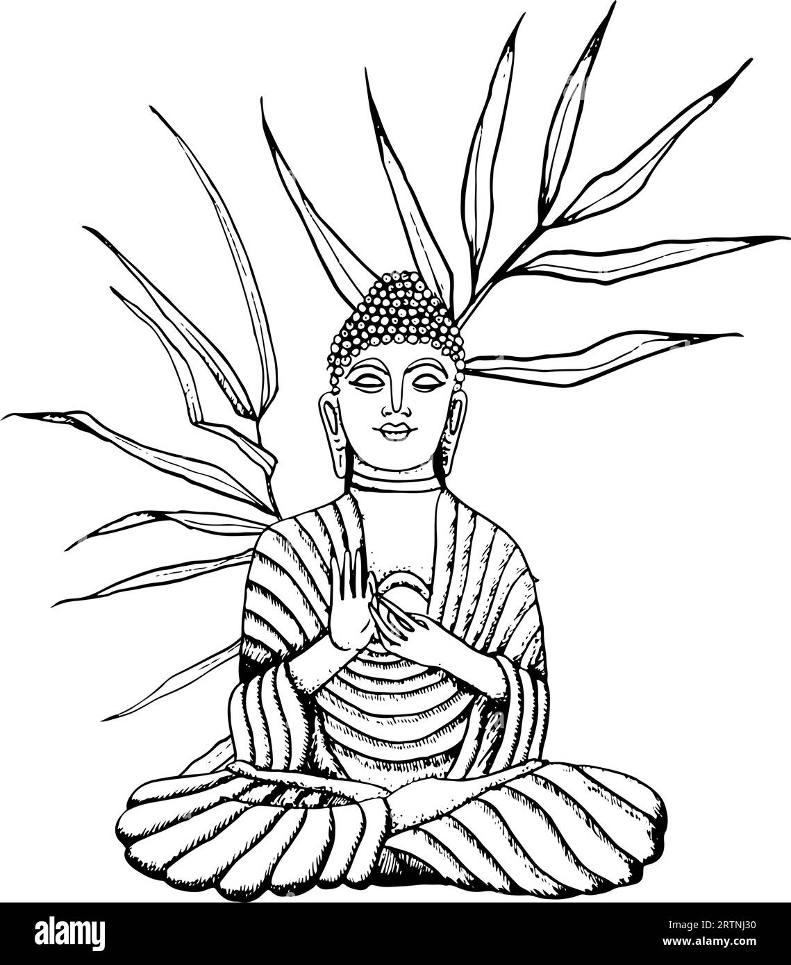 Bouddha assis dans des branches de bambou dessiné à la main illustration vectorielle d'art de ligne. Elément de méditation pour le yoga, le bouddhisme Illustration de Vecteur