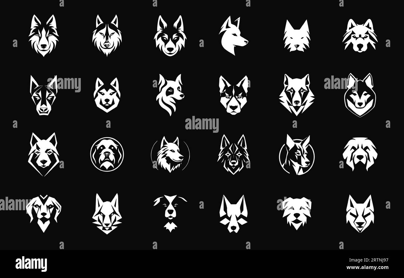 Ensemble d'icônes de tête de chien, collection blanche de logo de silhouette de tête de chien sur fond noir pour vos besoins liés à l'animal de compagnie, parfait pour les cliniques vétérinaires et Illustration de Vecteur