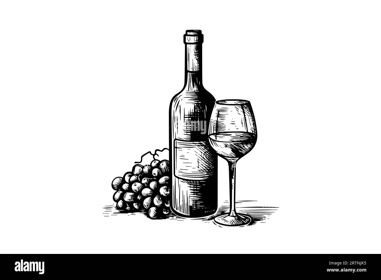 Bouteille de vin et verre de vin et raisins. Illustrations vectorielles de style croquis de gravure dessinées à la main. Illustration de Vecteur