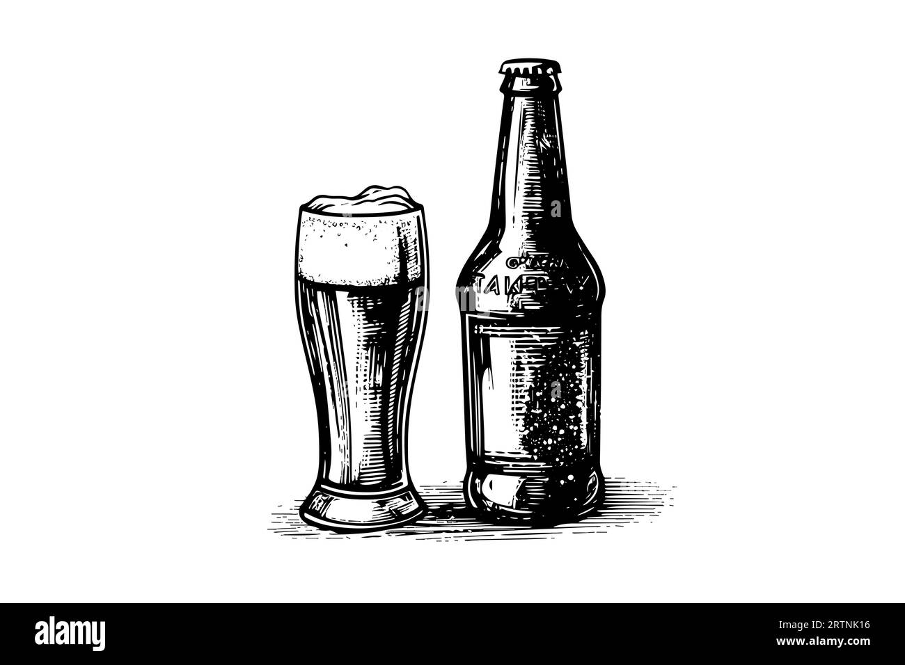 Verre de bière avec bouteille de bière isolé sur fond blanc, dessin à la main. Illustration gravée vintage Vector. Illustration de Vecteur