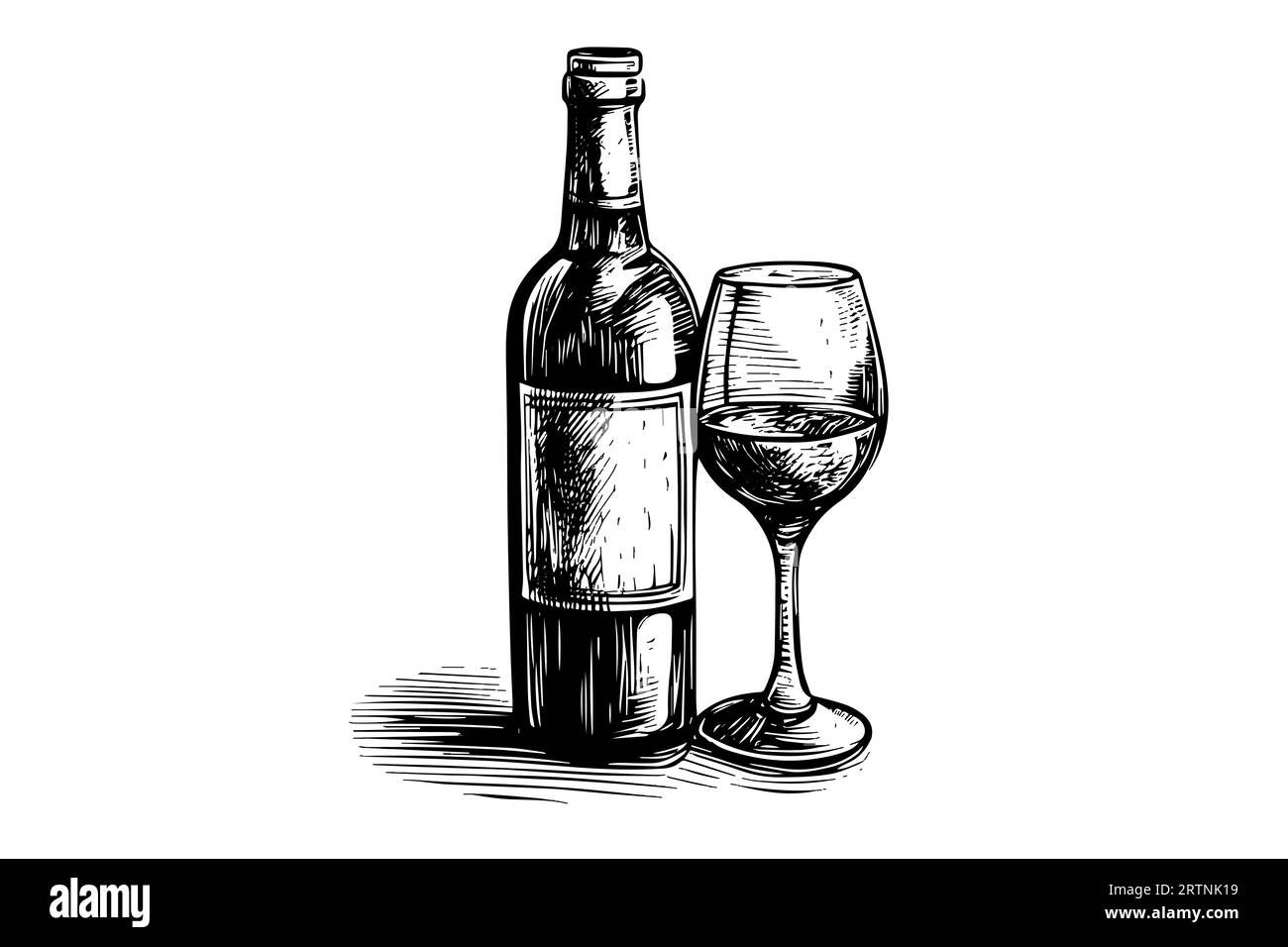 Bouteille de vin et verre. Illustrations vectorielles de style croquis de gravure dessinées à la main. Illustration de Vecteur