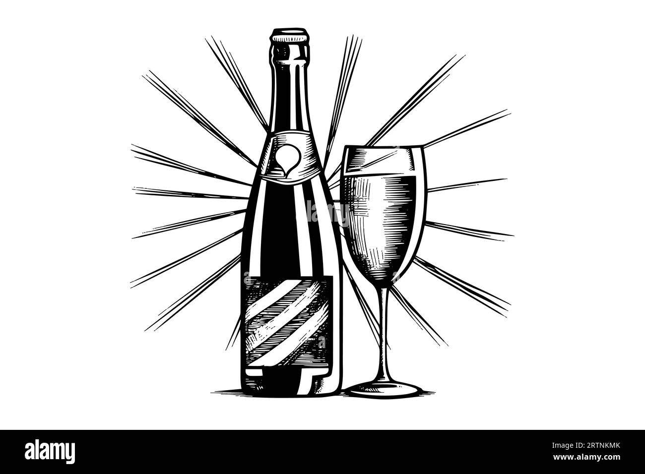Bouteille avec champagne et art de style gravure en verre à vin, illustration vectorielle dessinée à la main. Illustration de Vecteur