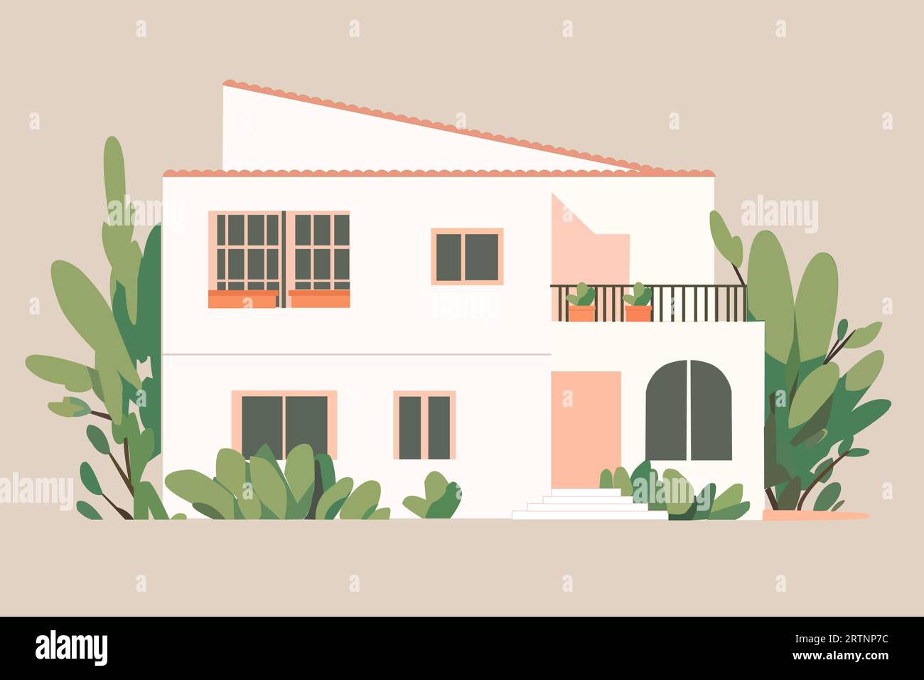 Maison écologique moderne avec verdure et balcon. Illustration vectorielle minimaliste dans des couleurs pastel Illustration de Vecteur