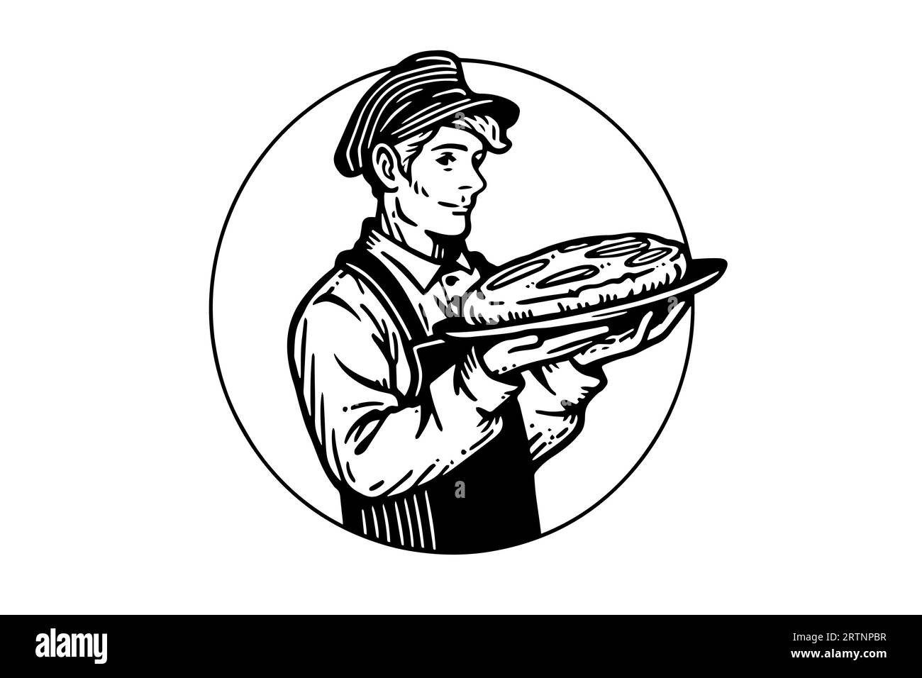 Croquis à l'encre dessiné à la main d'un boulanger mâle avec du pain cuit sur un plateau Illustration vectorielle de style gravé. Conception pour logotype, publicité. Illustration de Vecteur