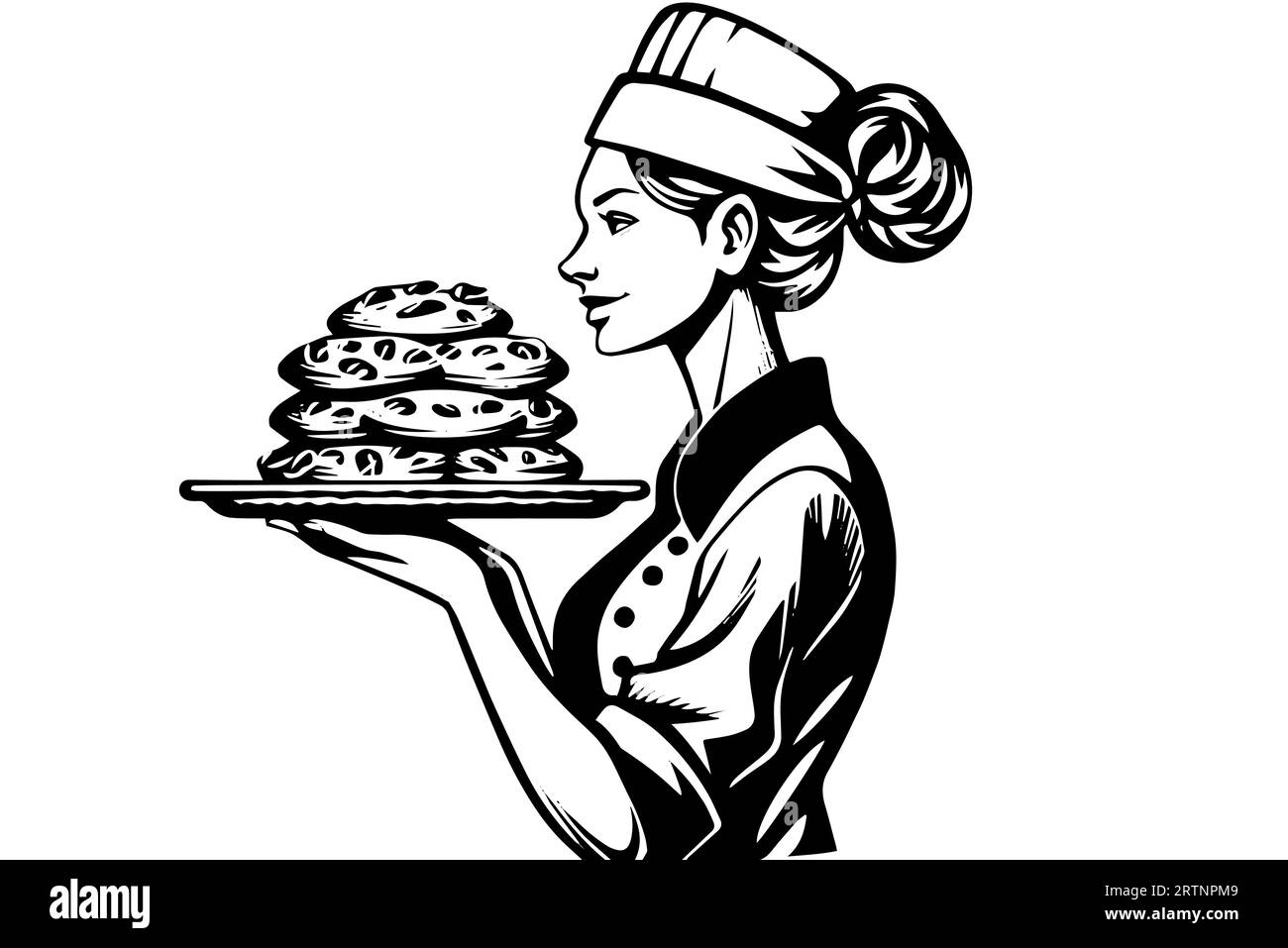 Croquis à l'encre dessiné à la main d'une boulanger femelle avec du pain cuit sur un plateau Illustration vectorielle de style gravé. Conception pour logotype, publicité. Illustration de Vecteur