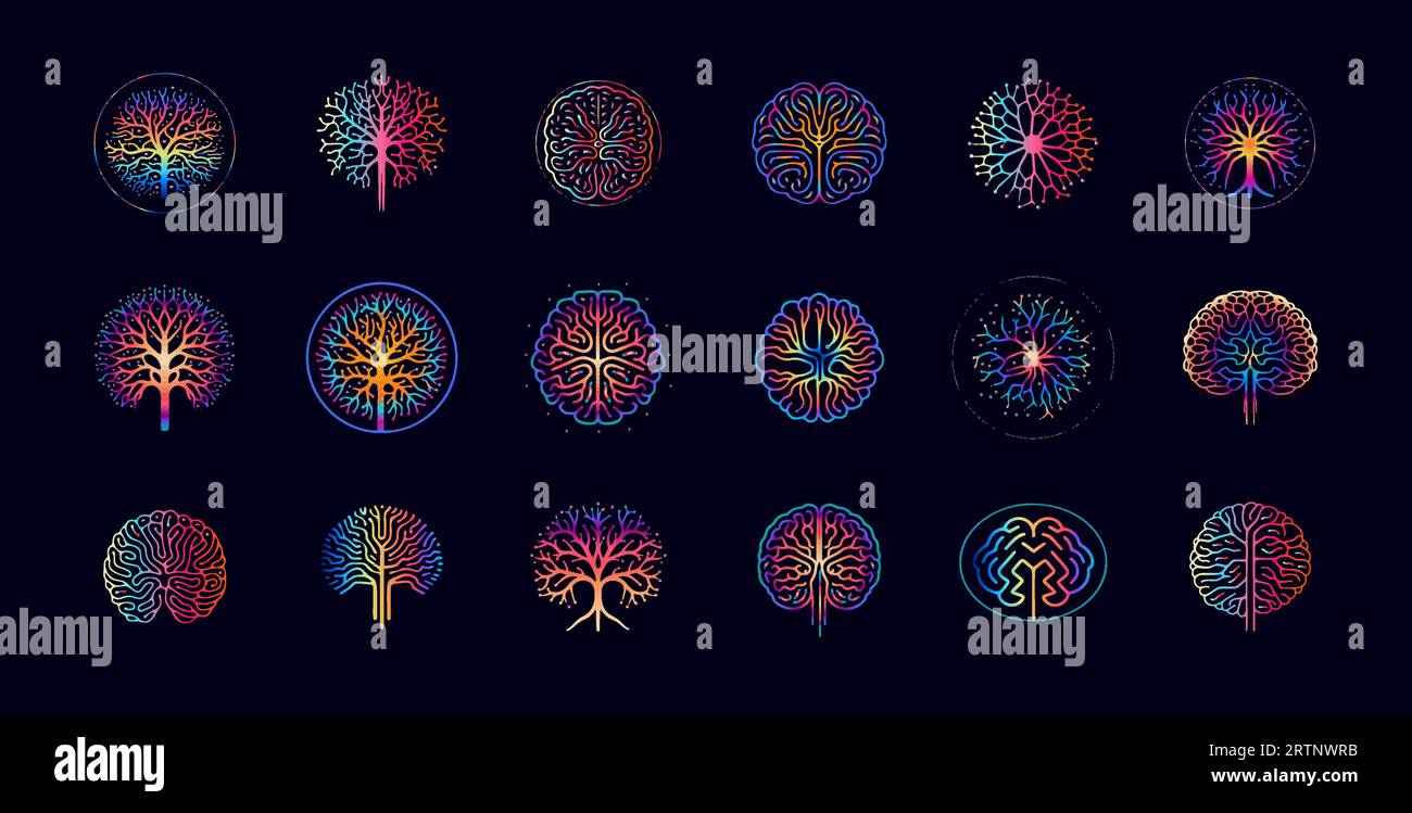 Ensemble d'icônes de réseau neuronal cérébral, représentant la connexion des neurones, logo abstrait de couleur vibrante pour les marques de science et de biotechnologie, IA, santé Illustration de Vecteur