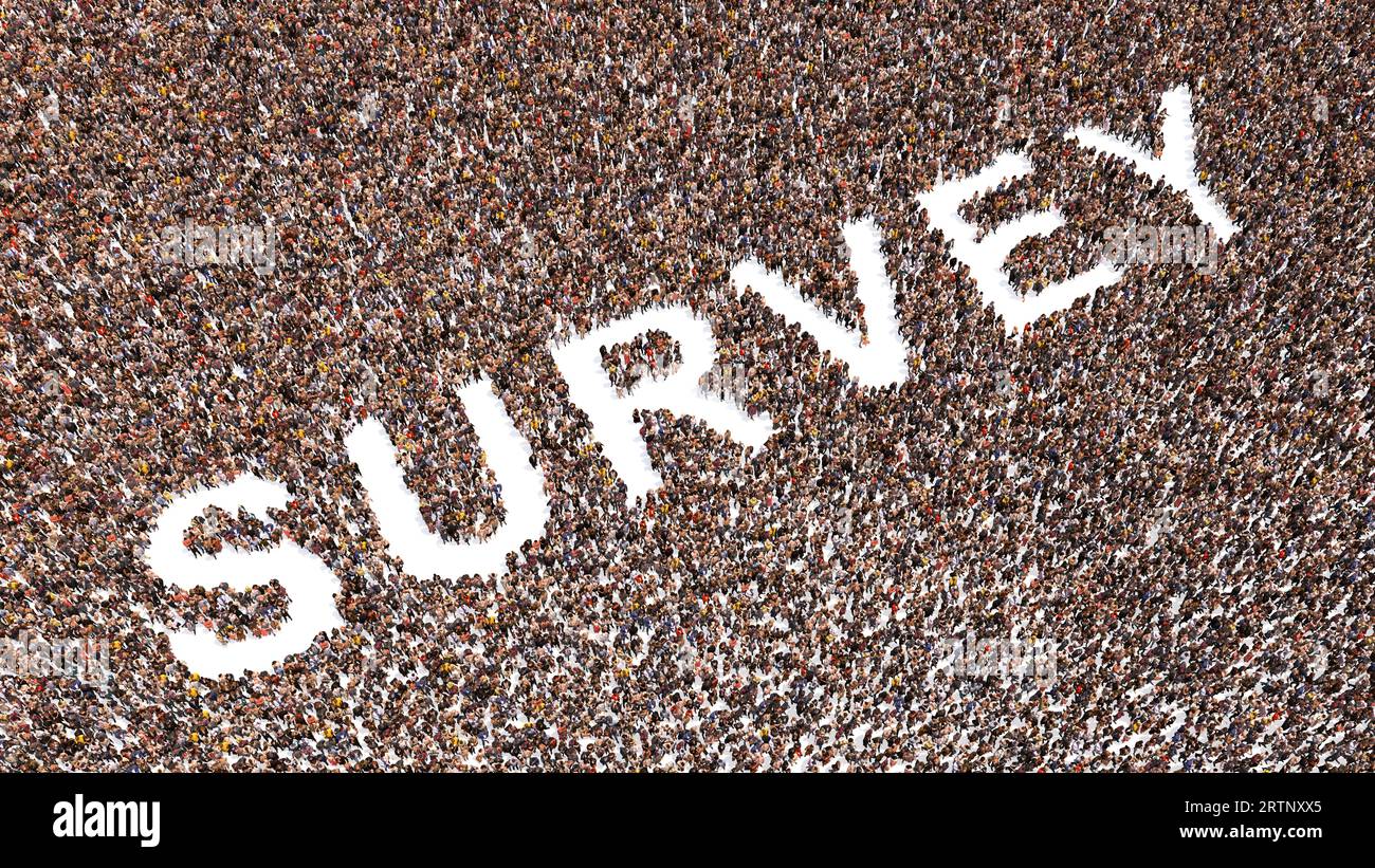 Concept conceptuel vaste communauté de personnes formant le mot ENQUÊTE. 3d métaphore de l'illustration pour la rétroaction et la notation, l'évaluation, la satisfaction Banque D'Images